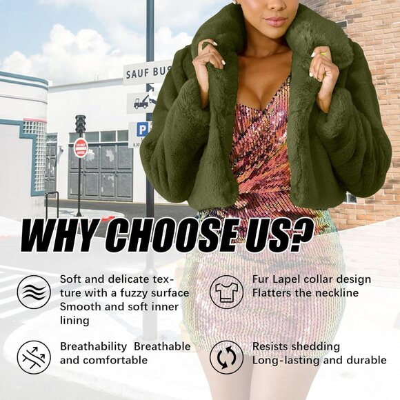 Women's Winter Faux Fur Long Sleeve Jacket Shaggy Open Front Cardigan Army Green - Picture 5 of 6